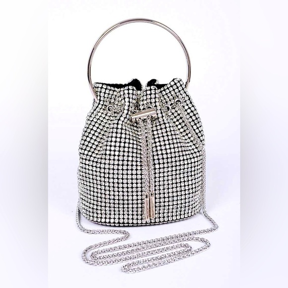 J. Elise Boutique Handbags - Clear Rhinestone Swing Handle Drawstring Tassel Closure Bucket Bag